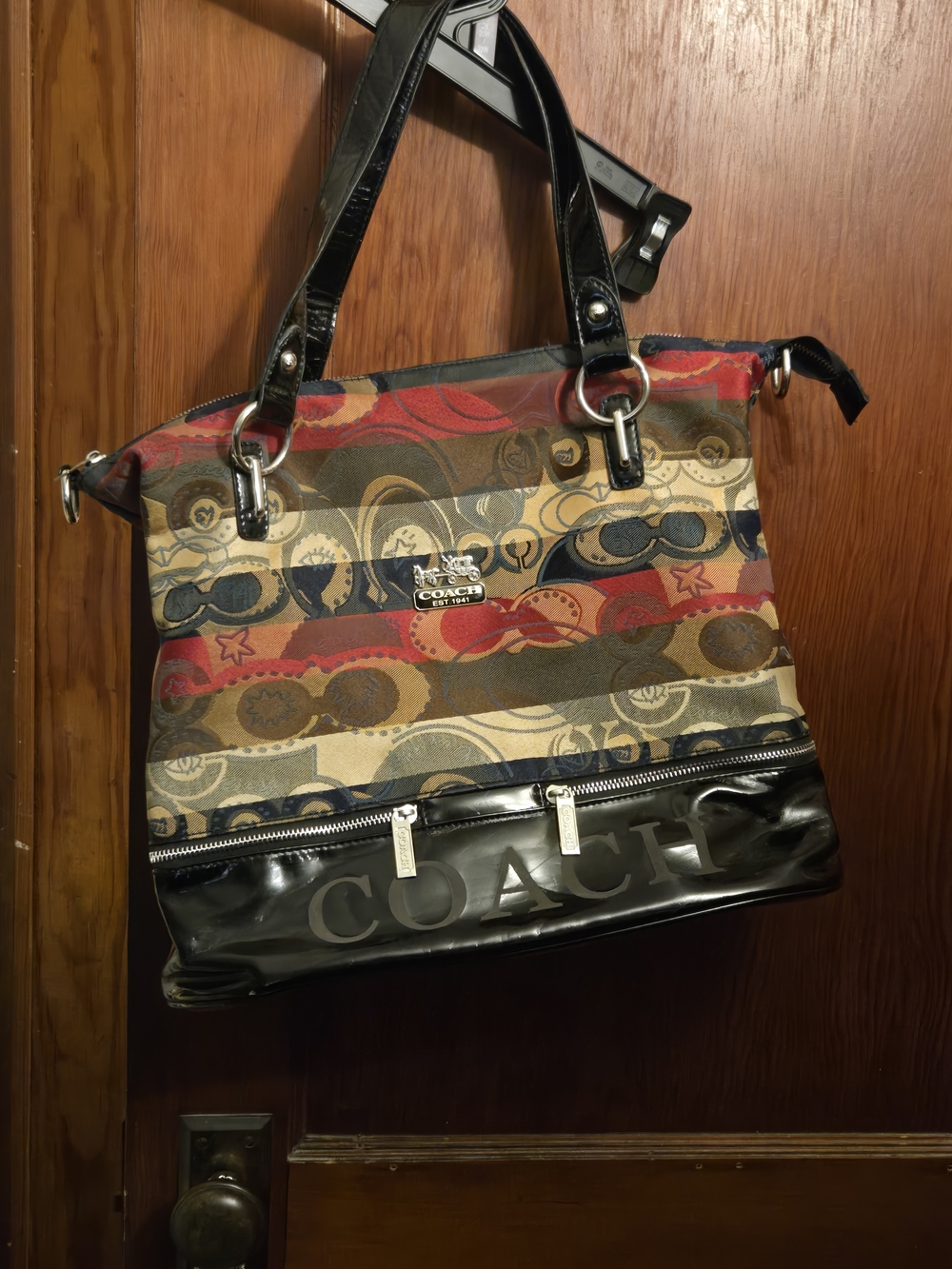 Coach Multicolor Striped Canvas Tote with Black Patent Trim and Logo